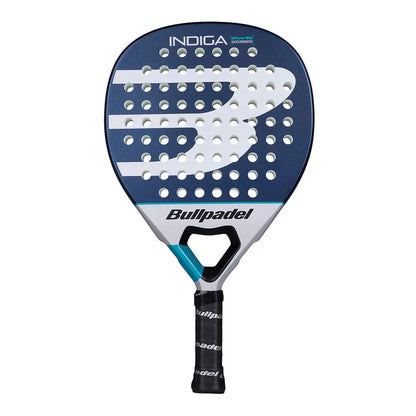 A blue Bullpadel Indiga padel racket on a white background.