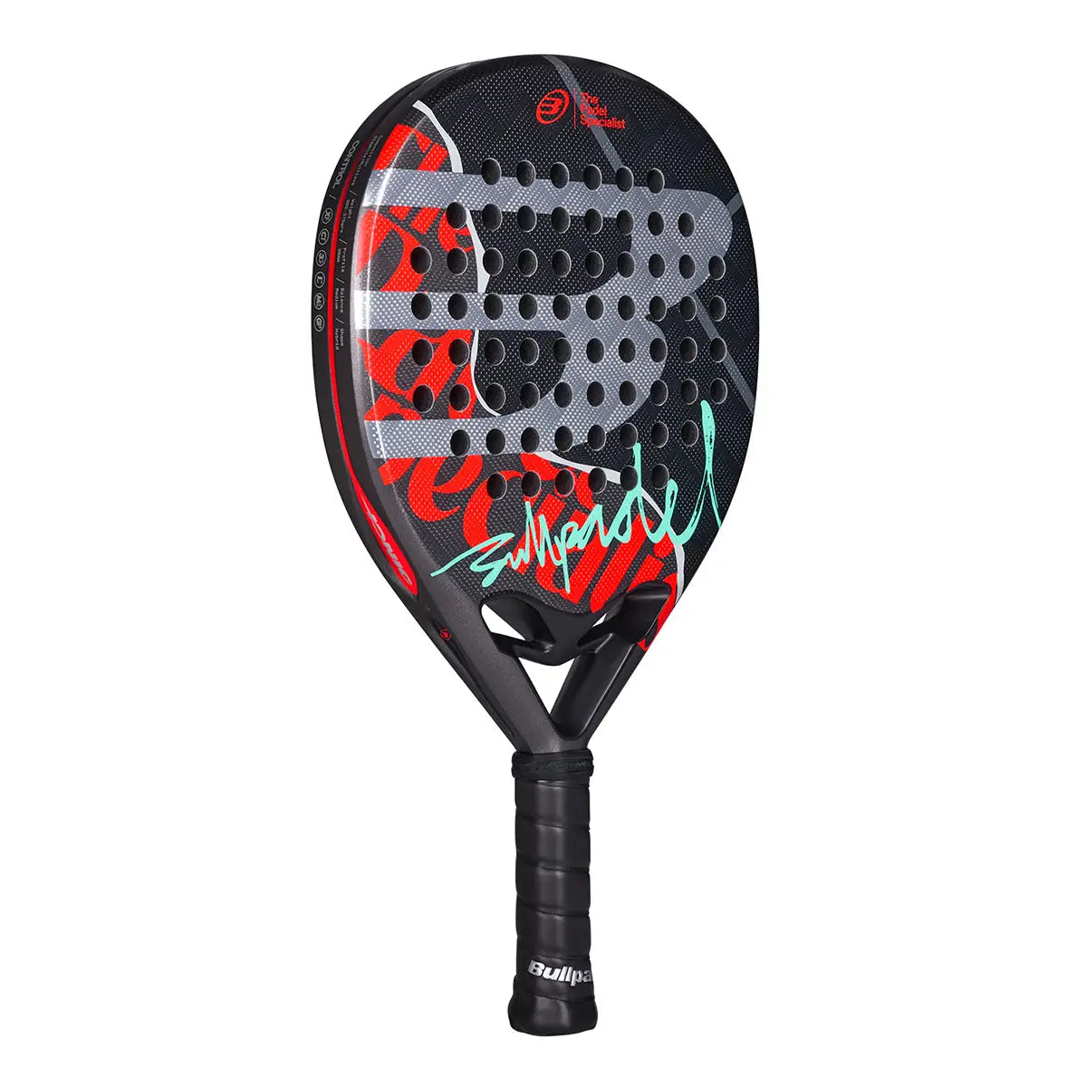 A red and black 2026 Bullpadel padel racket on a white background.