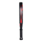 The side of a red and black 2026 Bullpadel padel racket on a white background.
