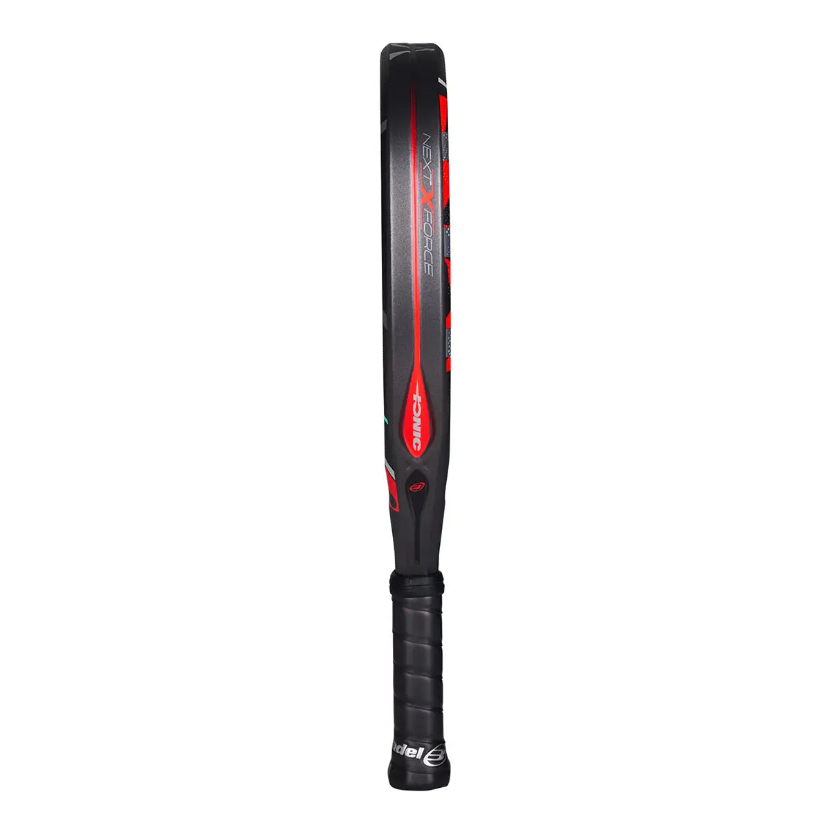 The side of a red and black 2026 Bullpadel padel racket on a white background.