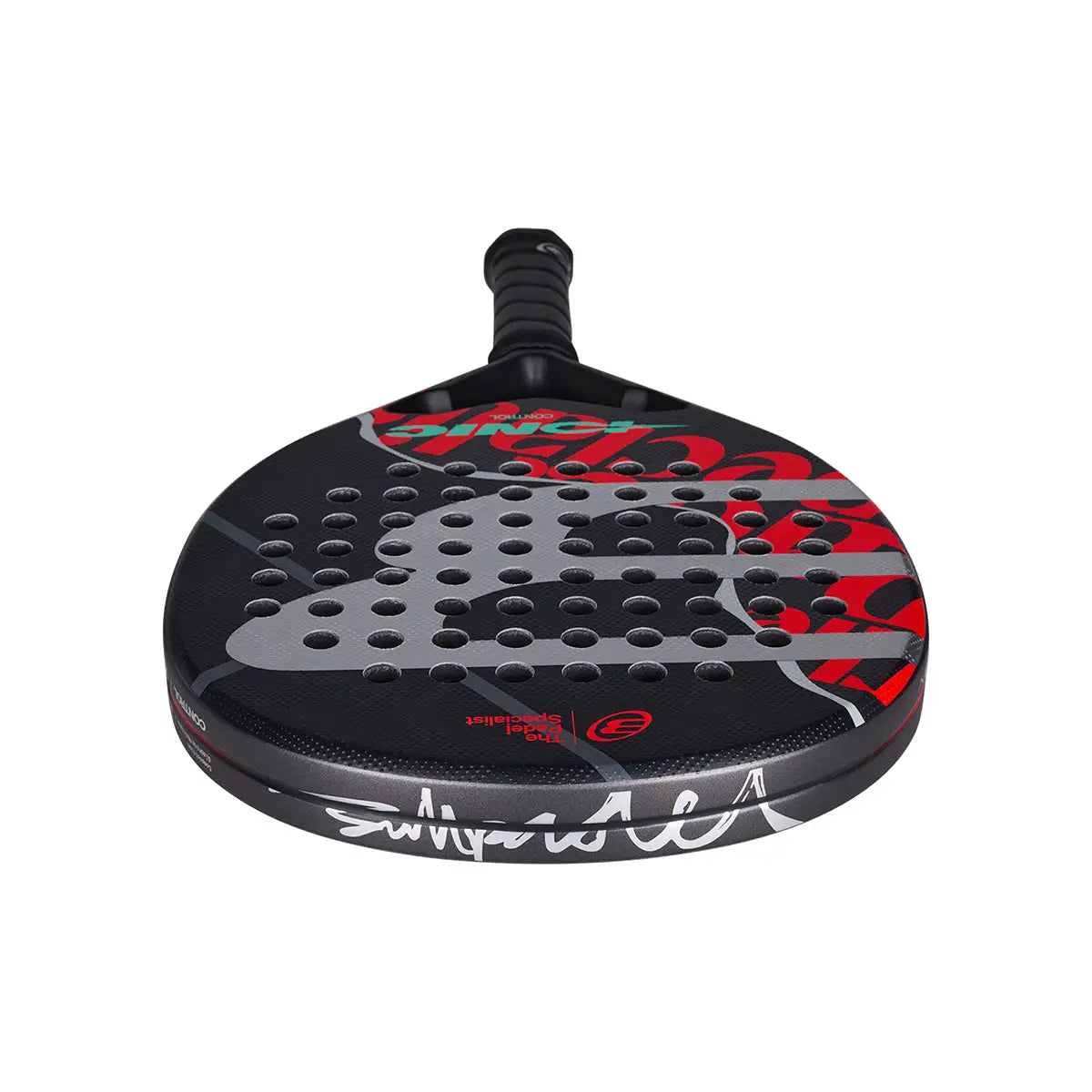 The top of a red and black 2026 Bullpadel padel racket on a white background.