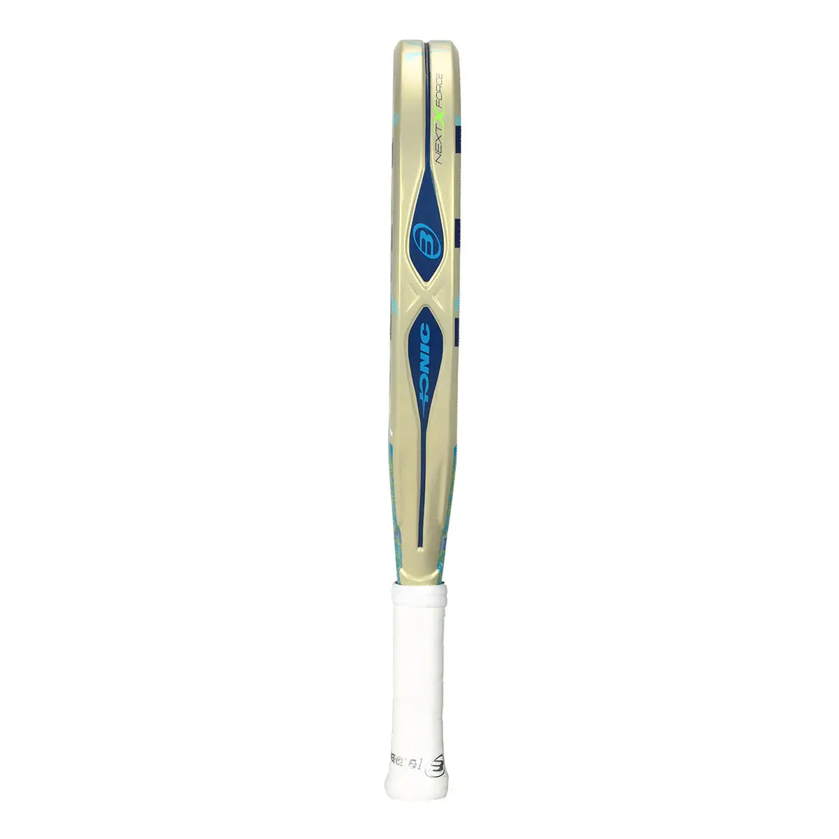 The side of a colourful 2026 Bullpadel padel racket on a white background.