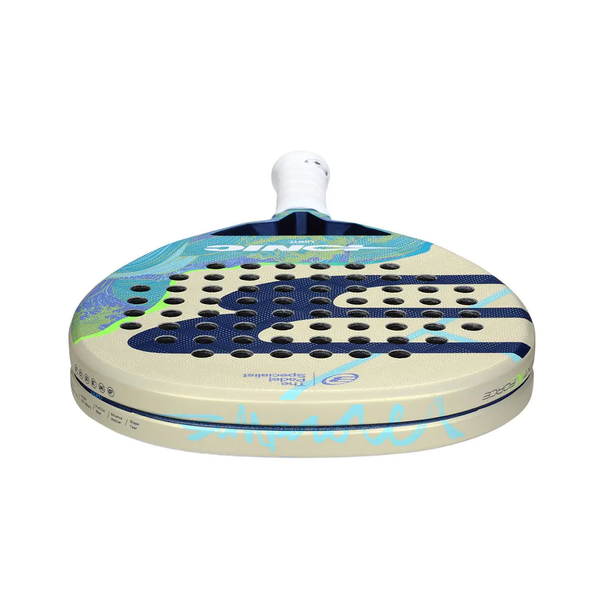 The top of a colourful 2026 Bullpadel padel racket on a white background.