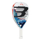 A white Bullpadel padel racket with a blue design on a white background.