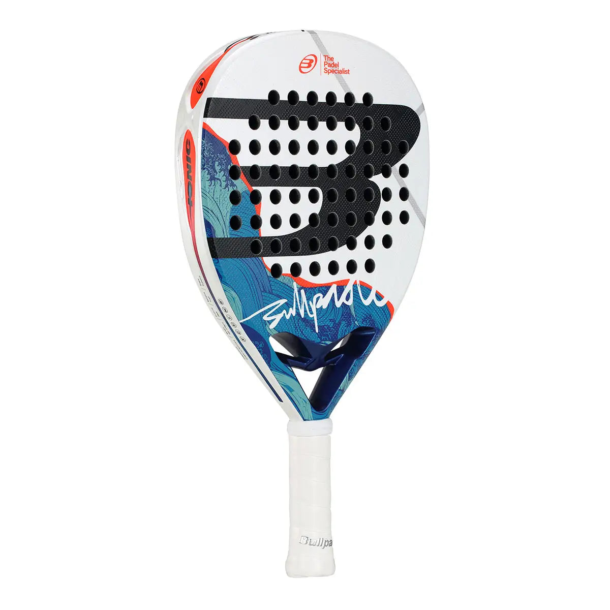 A white Bullpadel padel racket with a blue design on a white background.