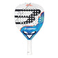 A white Bullpadel padel racket with a blue design on a white background.