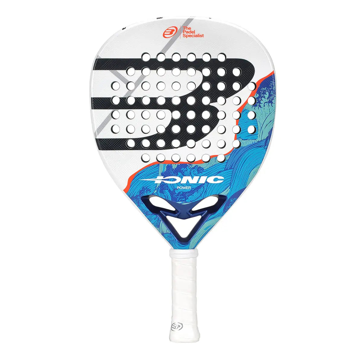 A white Bullpadel padel racket with a blue design on a white background.