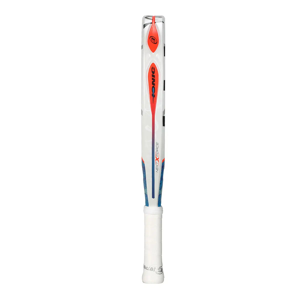The side of a white Bullpadel padel racket with a blue design on a white background.
