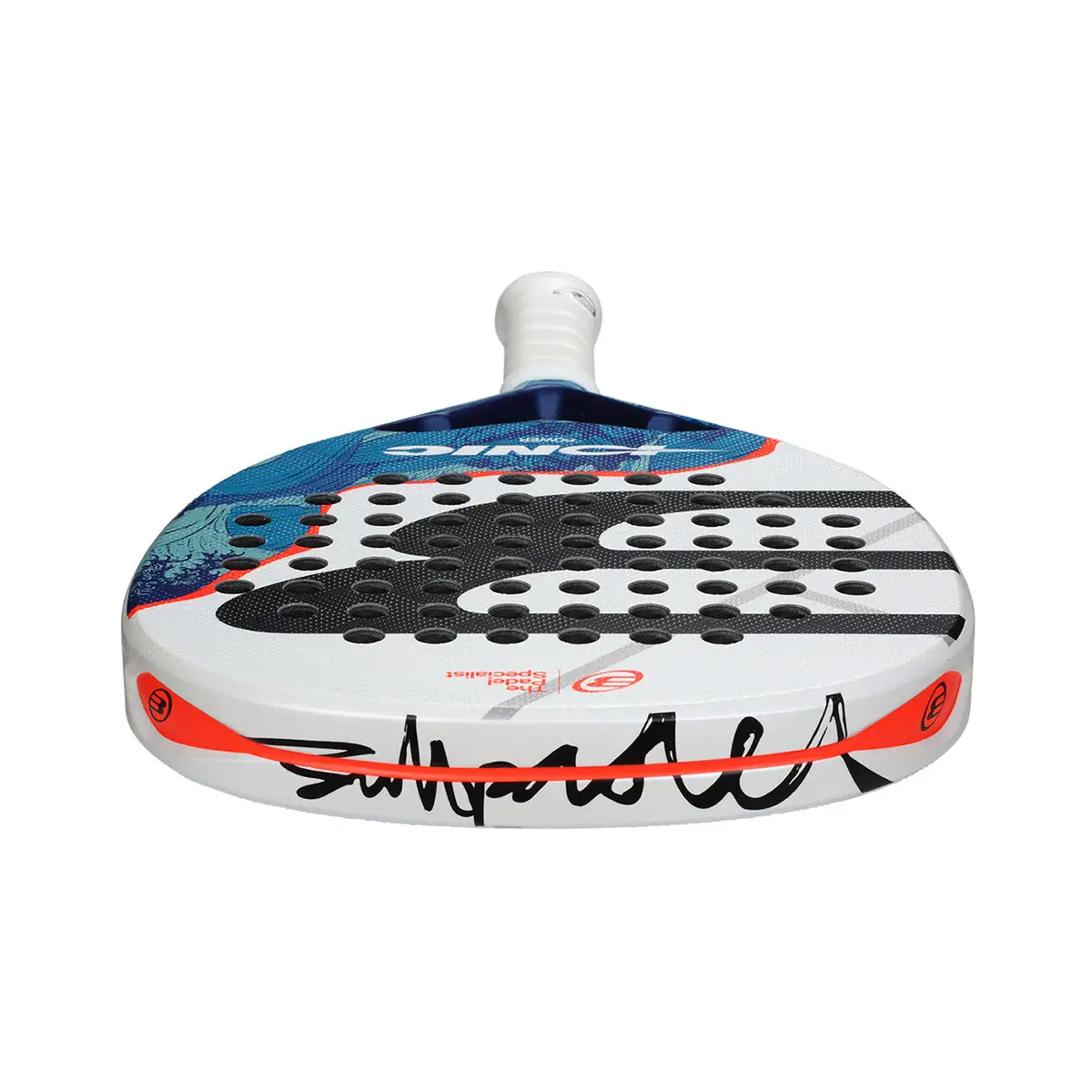 The top of a white Bullpadel padel racket with a blue design on a white background.