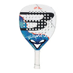 A white Bullpadel padel racket with a blue design on a white background.
