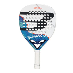 A white Bullpadel padel racket with a blue design on a white background.