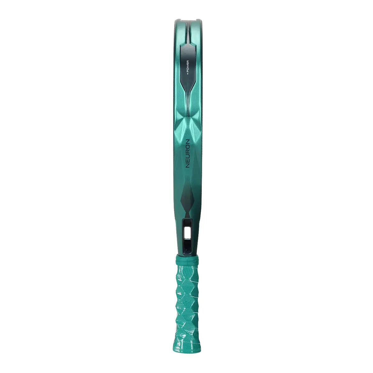 The side of a teal 2026 Bullpadel Neuron padel racket on a white background.