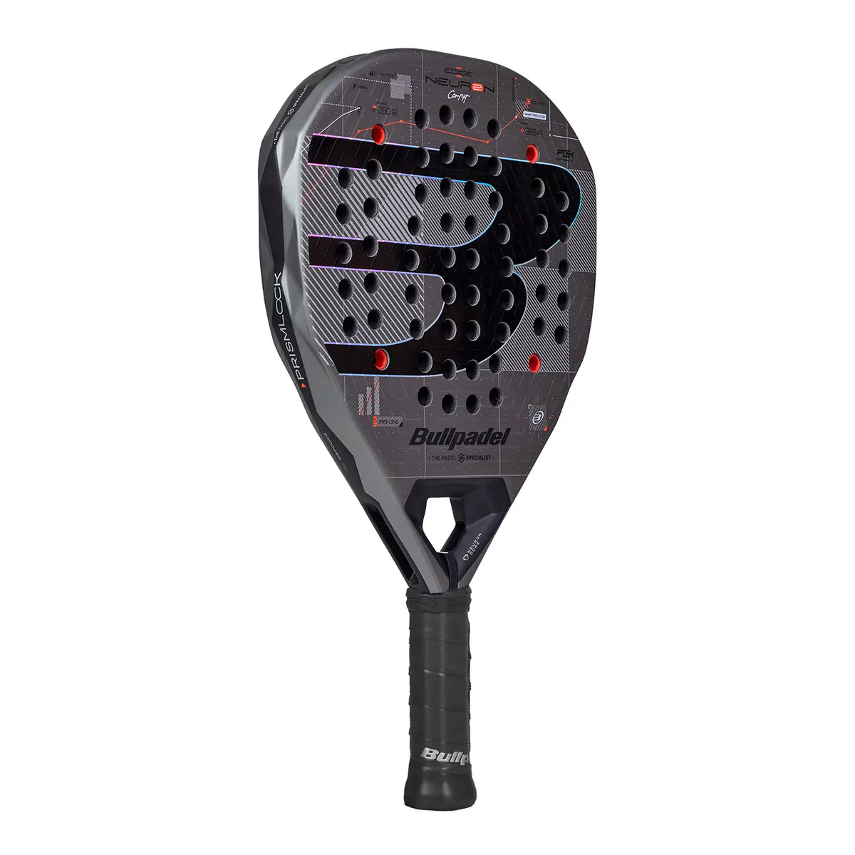 A 2027 Bullpadel Neuron padel racket in grey, on a white background.