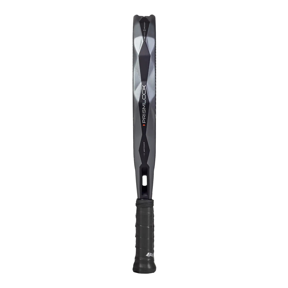 The side of a 2027 Bullpadel Neuron padel racket in grey, on a white background.