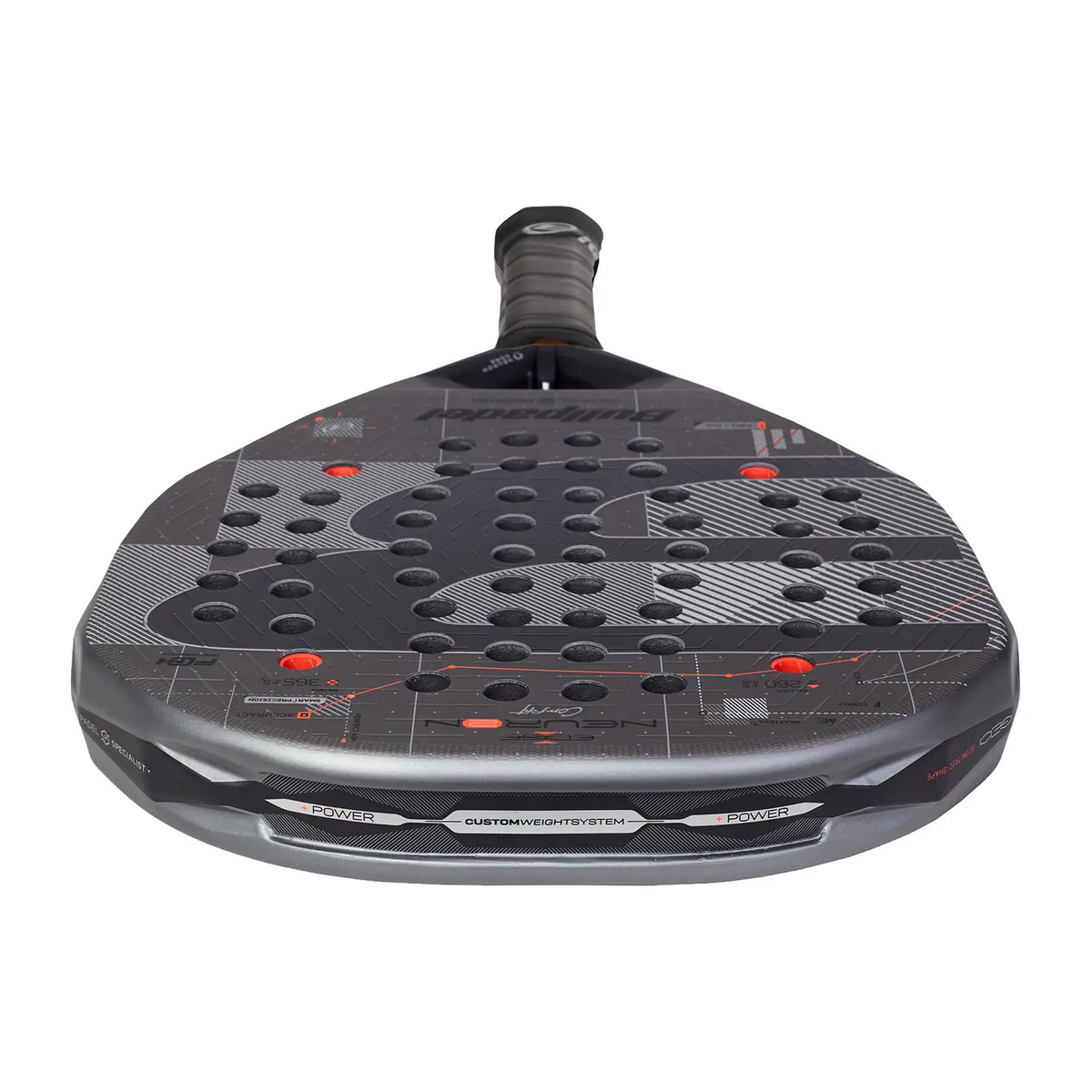 The top of a 2027 Bullpadel Neuron padel racket in grey, on a white background.