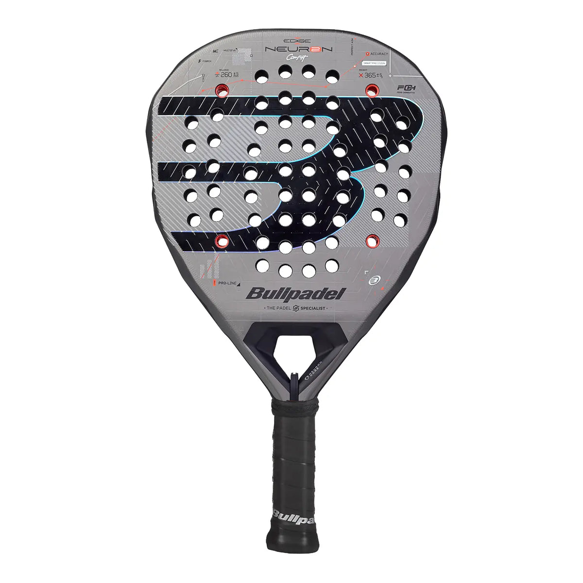 A 2027 Bullpadel Neuron padel racket in grey, on a white background.