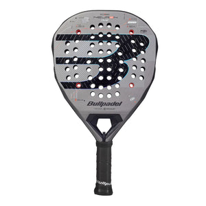 A 2027 Bullpadel Neuron padel racket in grey, on a white background.