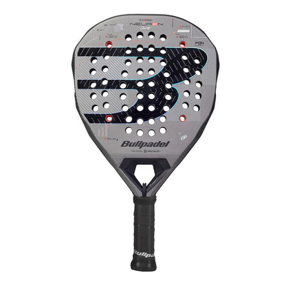 A 2027 Bullpadel Neuron padel racket in grey, on a white background.