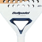 Close-up of a Bullpadel Pearl 2027 padel racket with gold branding on a white background.