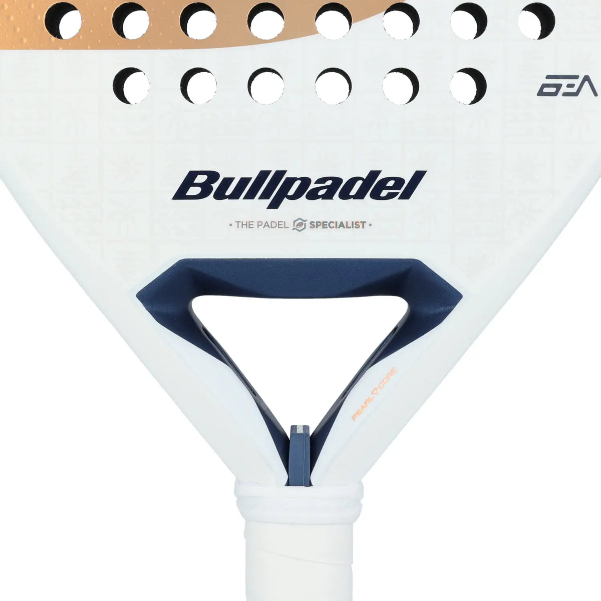 Close-up of a Bullpadel Pearl 2027 padel racket with gold branding on a white background.