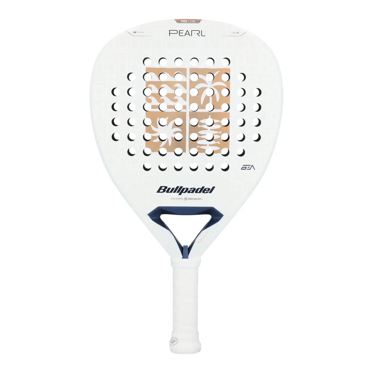 A Bullpadel Pearl 2027 padel racket with gold branding on a white background.