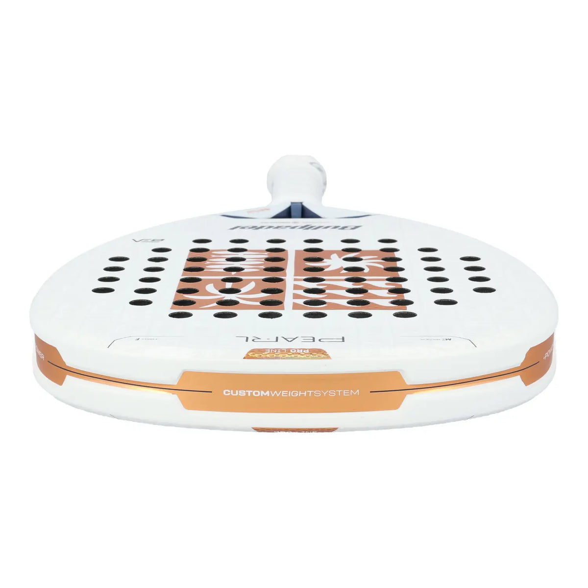 The top of a Bullpadel Pearl 2027 padel racket with gold branding on a white background.