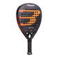 A black Bullpadel padel racket with orange branding on a white background.