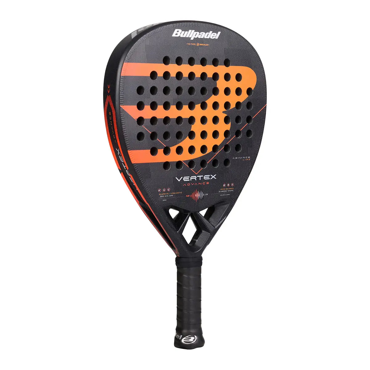 A black Bullpadel padel racket with orange branding on a white background.