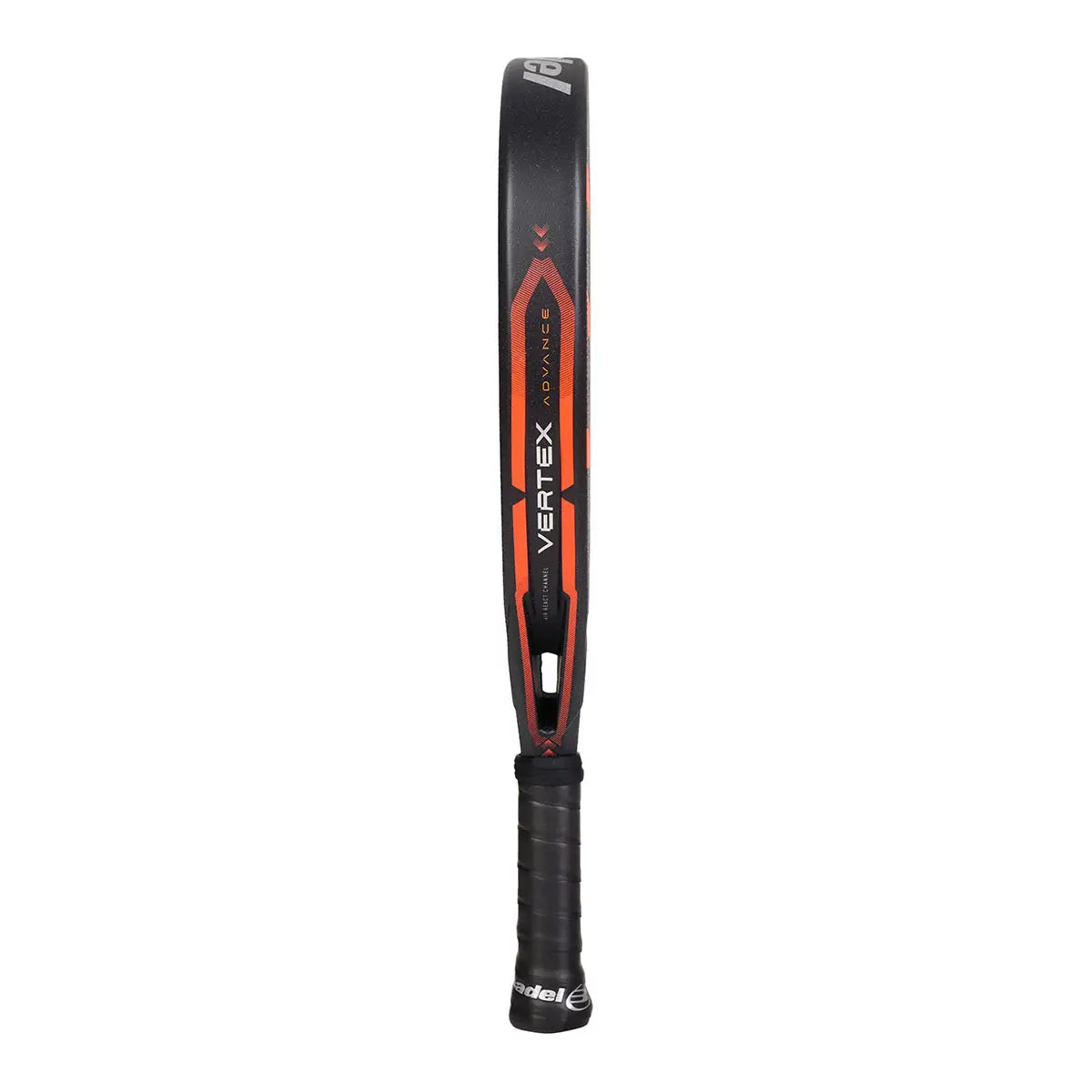 The side of a black Bullpadel padel racket with orange branding on a white background.
