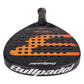 The top of a black Bullpadel padel racket with orange branding on a white background.