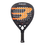 A black Bullpadel padel racket with orange branding on a white background.