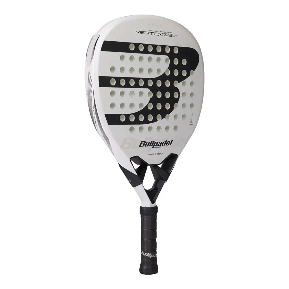 A white junior Bullpadel padel racket with black branding on a white background.
