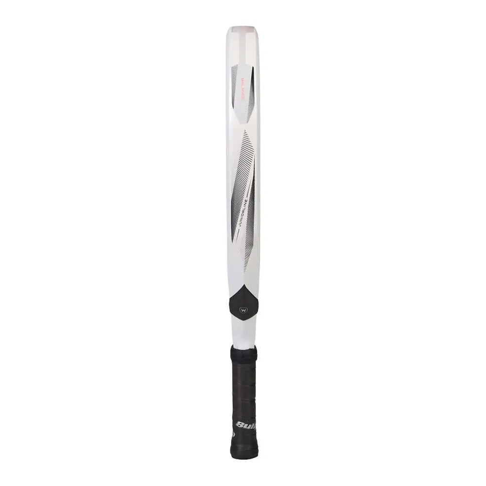 The side of a white junior Bullpadel padel racket with black branding on a white background.