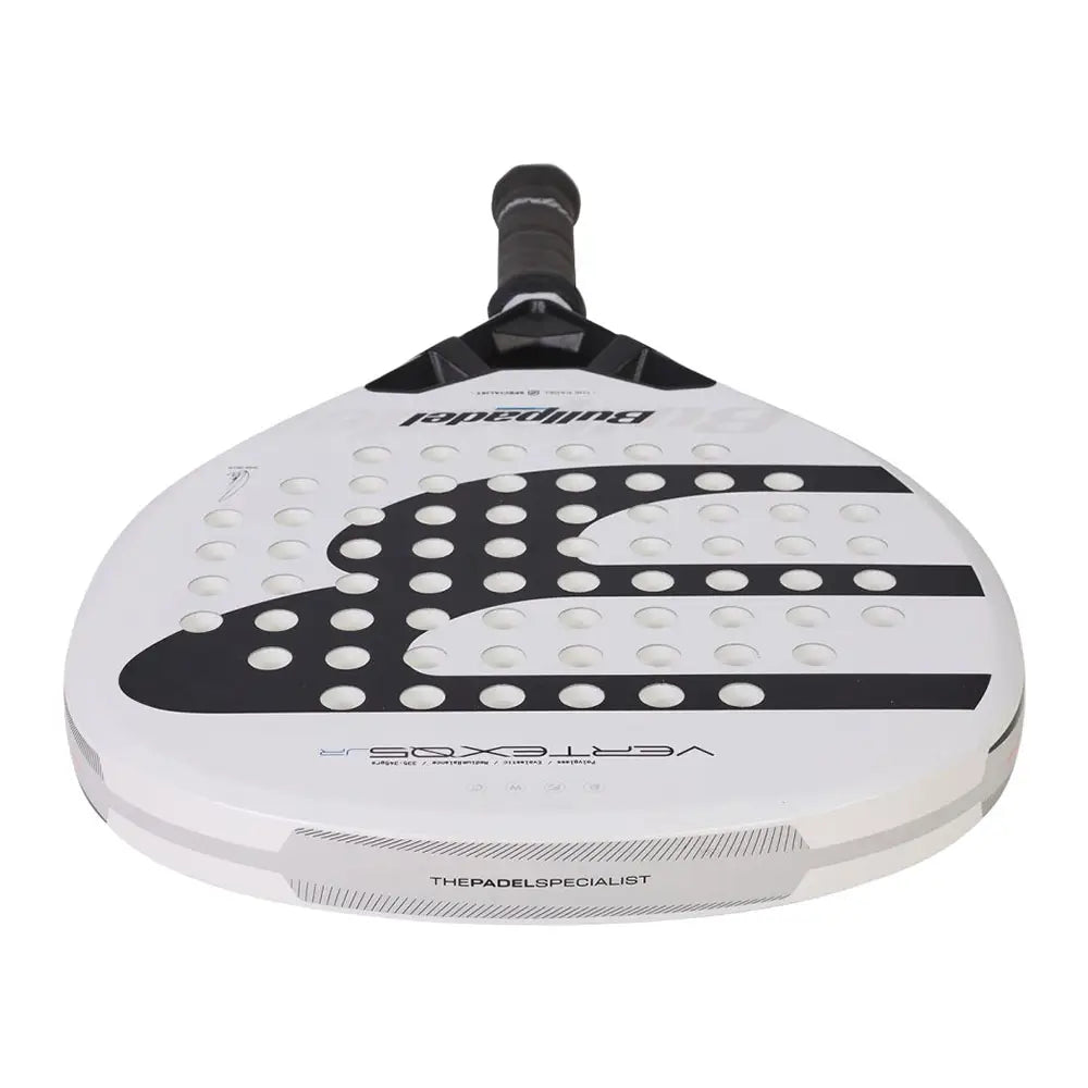 The top of a white junior Bullpadel padel racket with black branding on a white background.