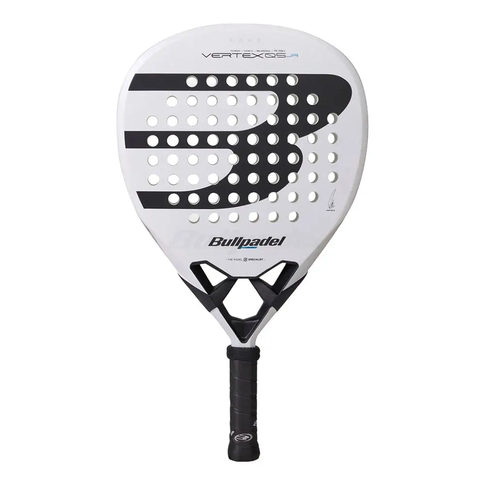 A white junior Bullpadel padel racket with black branding on a white background.