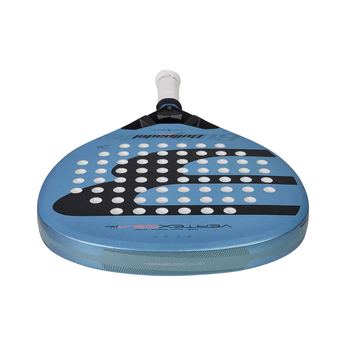 The top of a blue junior Bullpadel padel racket on a white background.