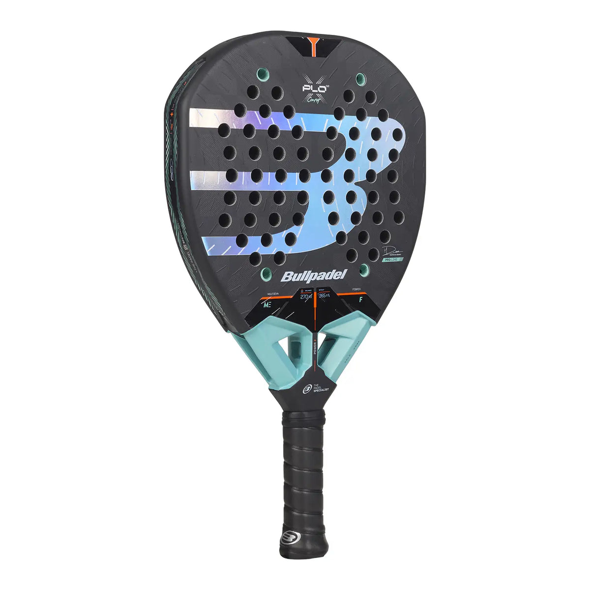 A 2027 Bullpadel XPLO padel racket with light blue branding, on a white background.