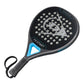 METAL/CYAN/METALLIC SILVER DUNLOP PADEL RACKET ON A WHITE BACKGROUND.