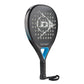 METAL/CYAN/METALLIC SILVER DUNLOP PADEL RACKET ON A WHITE BACKGROUND.