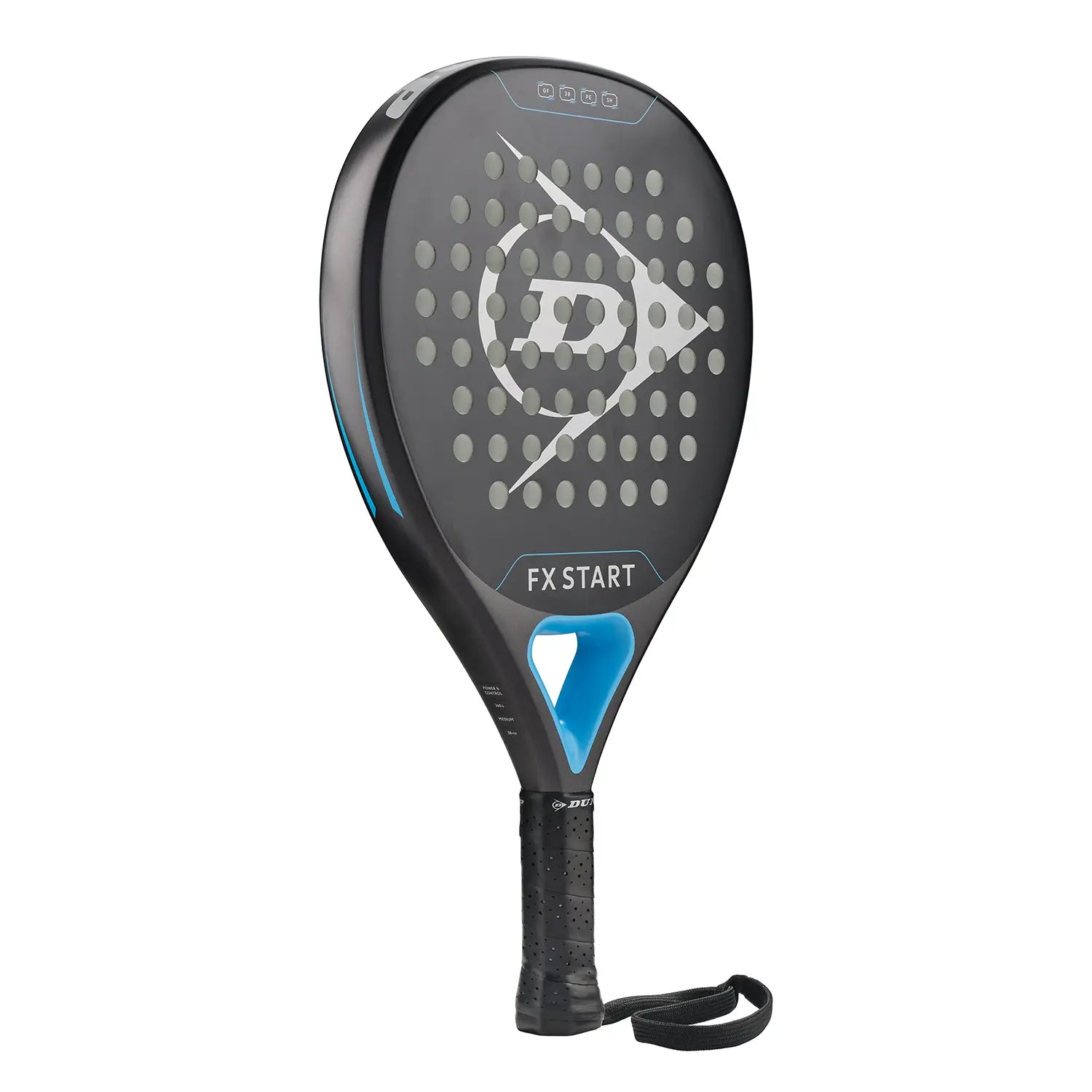 METAL/CYAN/METALLIC SILVER DUNLOP PADEL RACKET ON A WHITE BACKGROUND.
