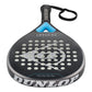METAL/CYAN/METALLIC SILVER DUNLOP PADEL RACKET ON A WHITE BACKGROUND.
