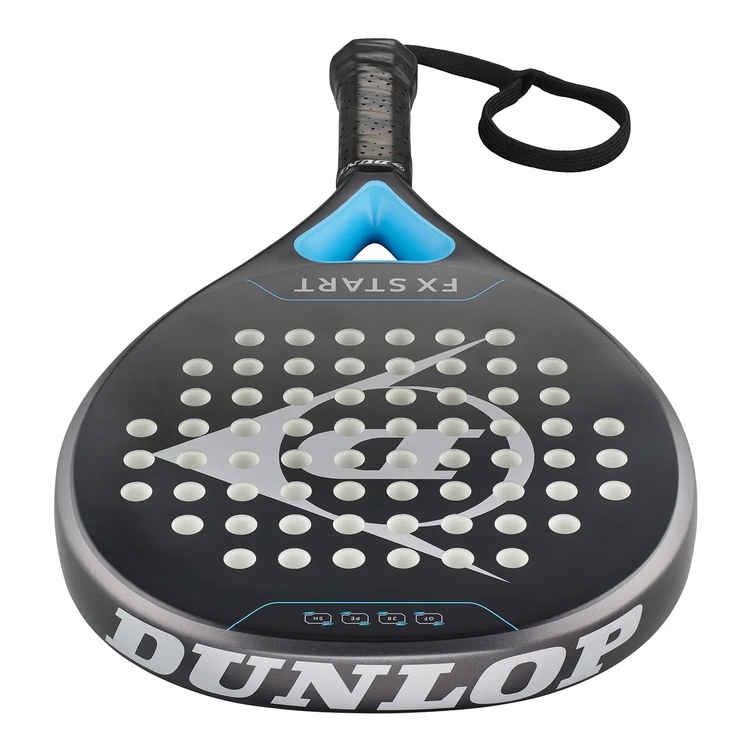 METAL/CYAN/METALLIC SILVER DUNLOP PADEL RACKET ON A WHITE BACKGROUND.