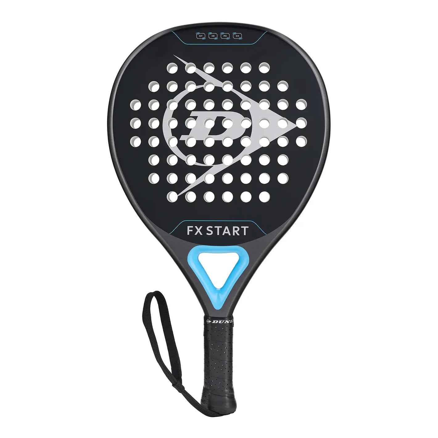 METAL/CYAN/METALLIC SILVER DUNLOP PADEL RACKET ON A WHITE BACKGROUND.