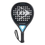 METAL/CYAN/METALLIC SILVER DUNLOP PADEL RACKET ON A WHITE BACKGROUND.
