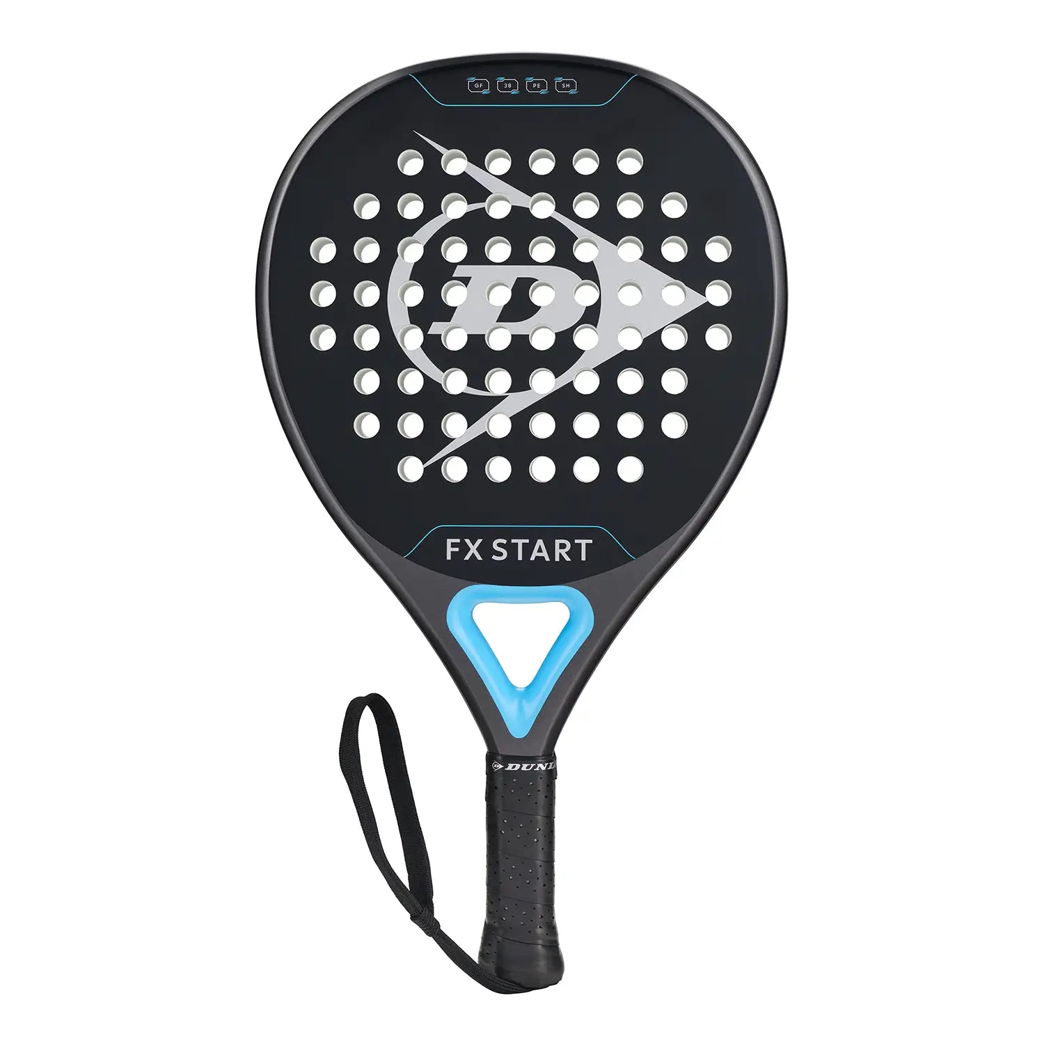 METAL/CYAN/METALLIC SILVER DUNLOP PADEL RACKET ON A WHITE BACKGROUND.
