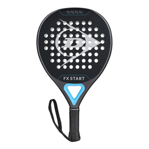 METAL/CYAN/METALLIC SILVER DUNLOP PADEL RACKET ON A WHITE BACKGROUND.