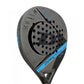 Black and grey Dunlop padel racket with blue branding on a white background.