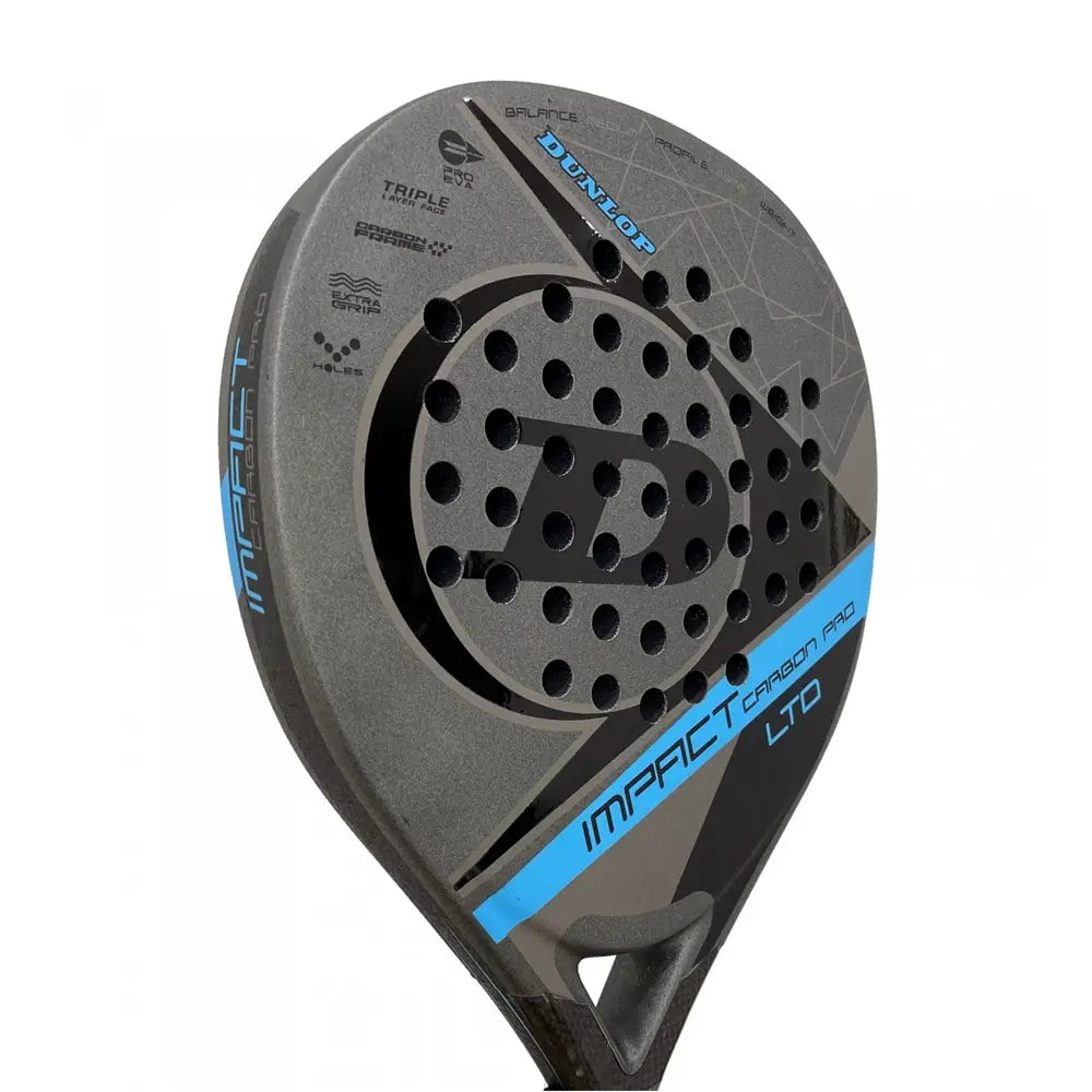 Black and grey Dunlop padel racket with blue branding on a white background.