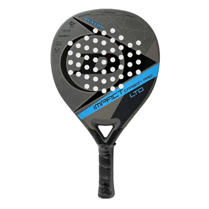 Black and grey Dunlop padel racket with blue branding on a white background.