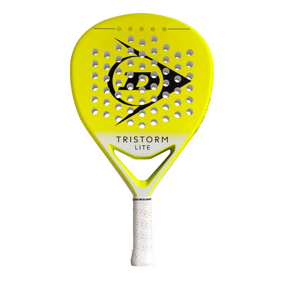 Yellow Dunlop Tristorm Lite padel tennis racket on a white background.